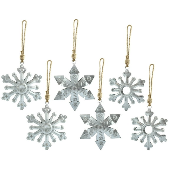 AuldHome Design Galvanized Snowflake Ornaments (6-Pack); Rustic Farmhouse Decor Metal Christmas Tree Decorations, Large 6-Inch Diameter