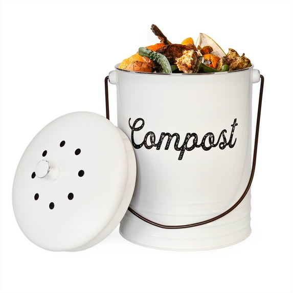 AuldHome Design Kitchen Compost Bin For Countertop | 1.3 Gallon Composting Bucket with Lid | Includes 3 Charcoal Filters | (White Enamel)