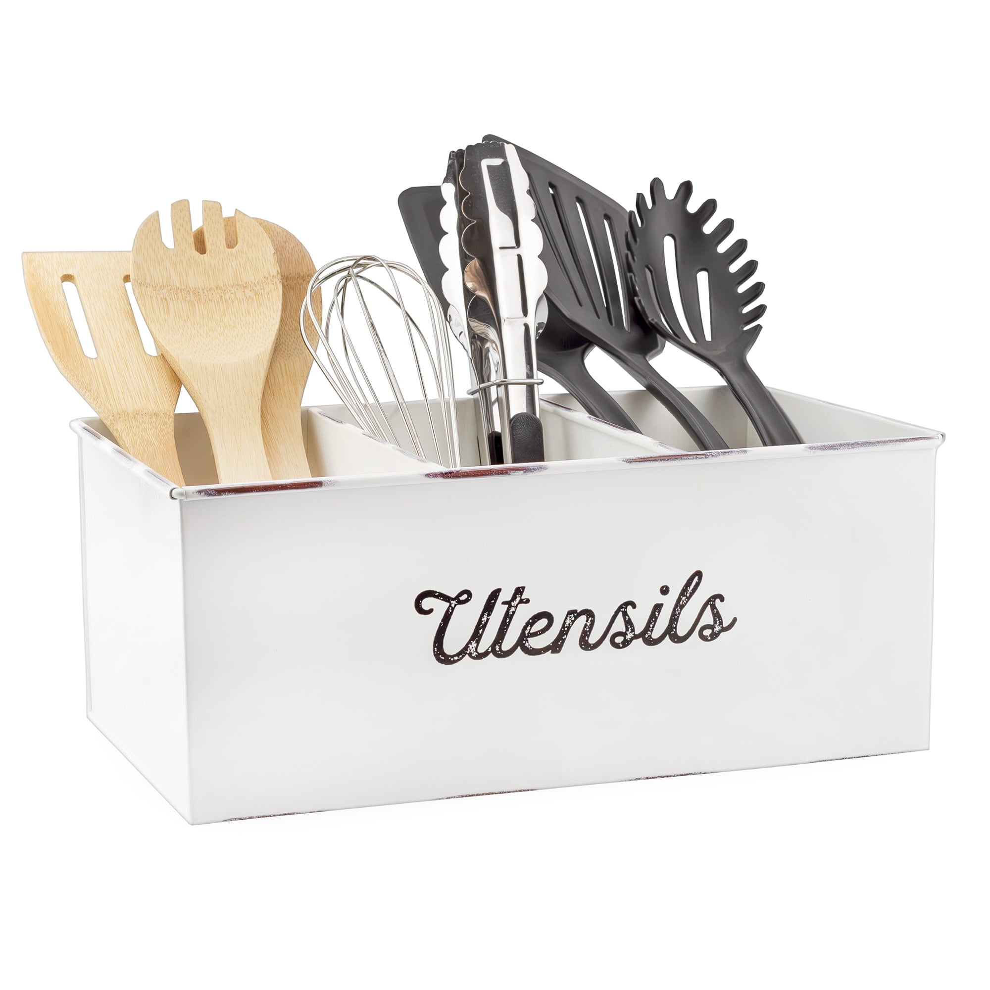 AuldHome Design Large Enamelware Utensil Holder, White Farmhouse Cooking Caddy or Spoons/Forks/Knives Storage for Countertop and Table