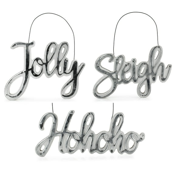 AuldHome Design Large Farmhouse Christmas Word Art Ornaments in Galvanized Rustic Tin Script w/ "Jolly", "Sleigh" and "Hohoho", (Set of 3 7-Inch Signs)