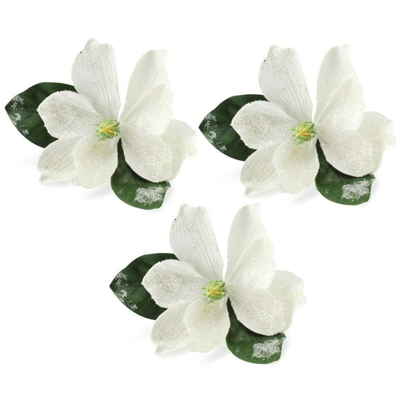 AuldHome Design Magnolia Floral Picks (3-Pack, White); Artificial Magnolia Greenery Flowers for Christmas and Seasonal Decor