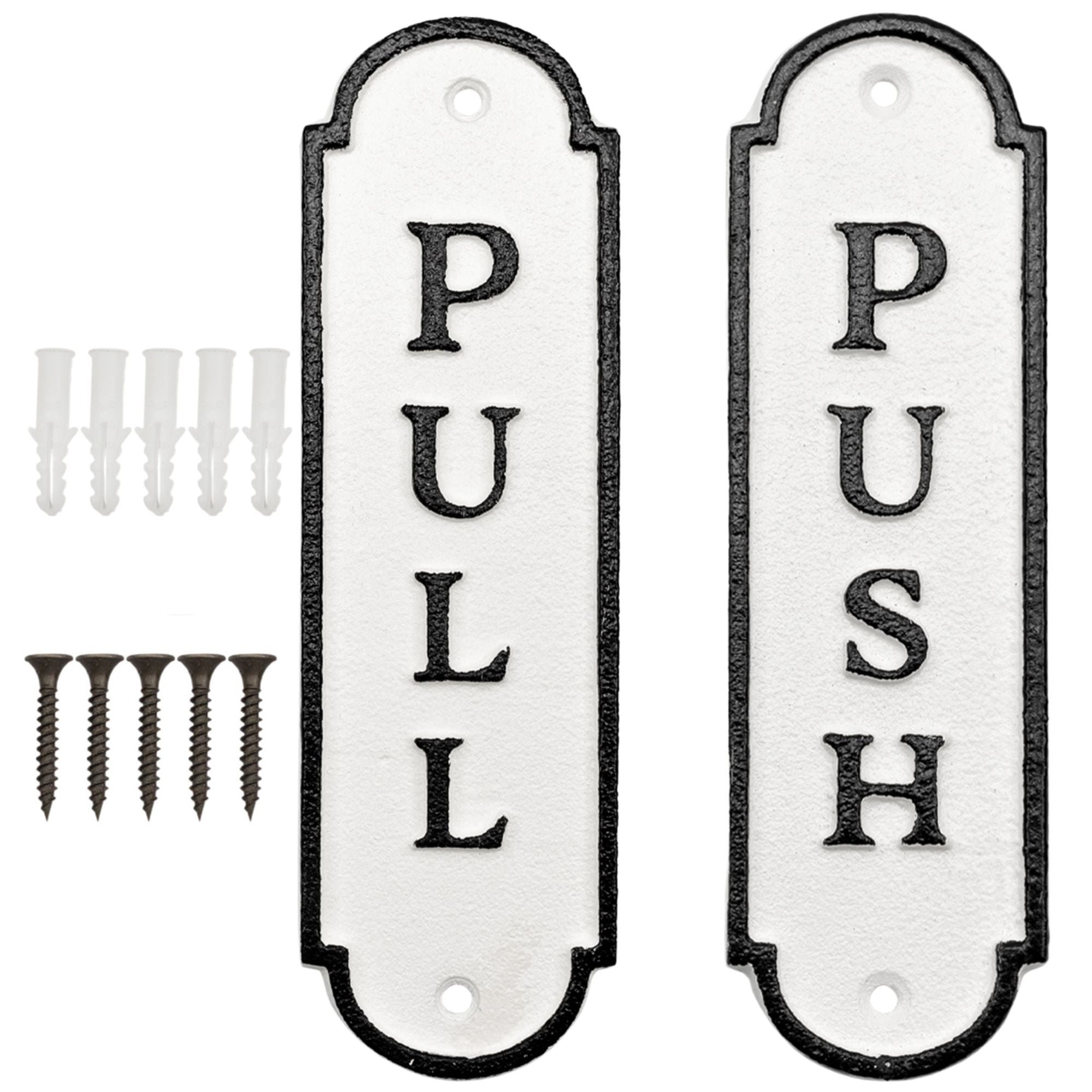 White and Black Cast Iron Push Pull Door Signs Set
