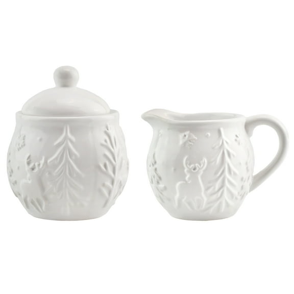 AuldHome Design Reindeer Christmas Cream and Sugar Set; Ceramic Embossed White Serving Sugar Bowl and Cream Pitcher