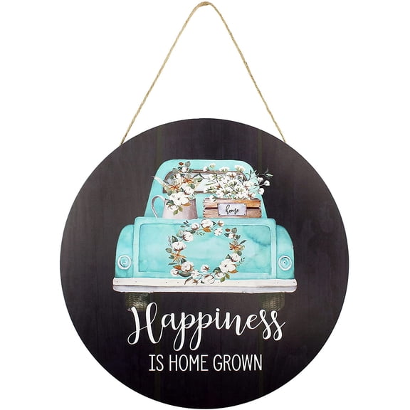 AuldHome Design Rustic Sign: Happiness is Home Grown, Round Wood Farmhouse Style Wall Plaque w/ Old Truck and Spring Flowers