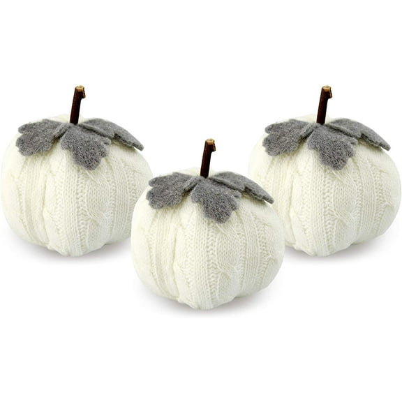 AuldHome Design Sweater Pumpkins (Set of 3, White); Fall Thanksgiving Table Topper Seasonal Decor for Centerpieces, Shelf Decor, Home and Office