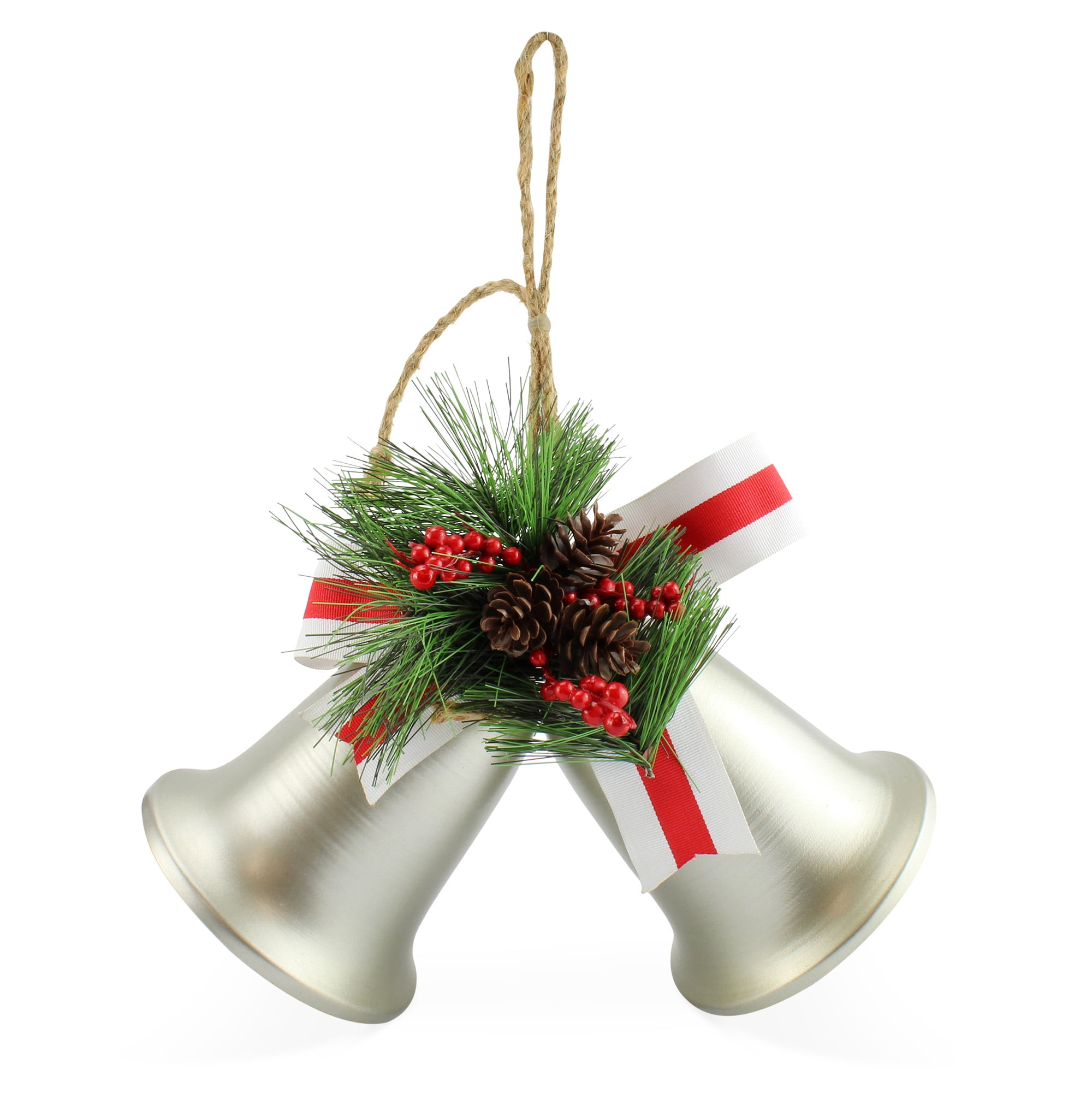 Vintage Silver Metal Christmas Bells with Pine and Berries