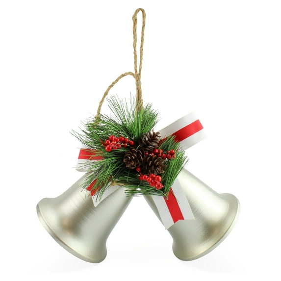 AuldHome Design Wall Hanging Silver Bells; Vintage Rustic Christmas Bells Door Hanger or Wreath Christmas Decoration