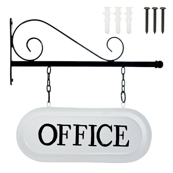 AuldHome Design Wall-Mounted Metal Office Sign, Farmhouse Enamelware 2-Sided Reception / Office Sign