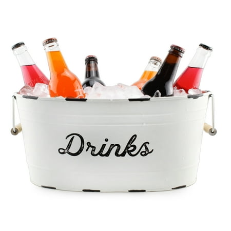 AuldHome Design White Enamelware Drinks Tub; Rustic Metal Beverage Serving Container