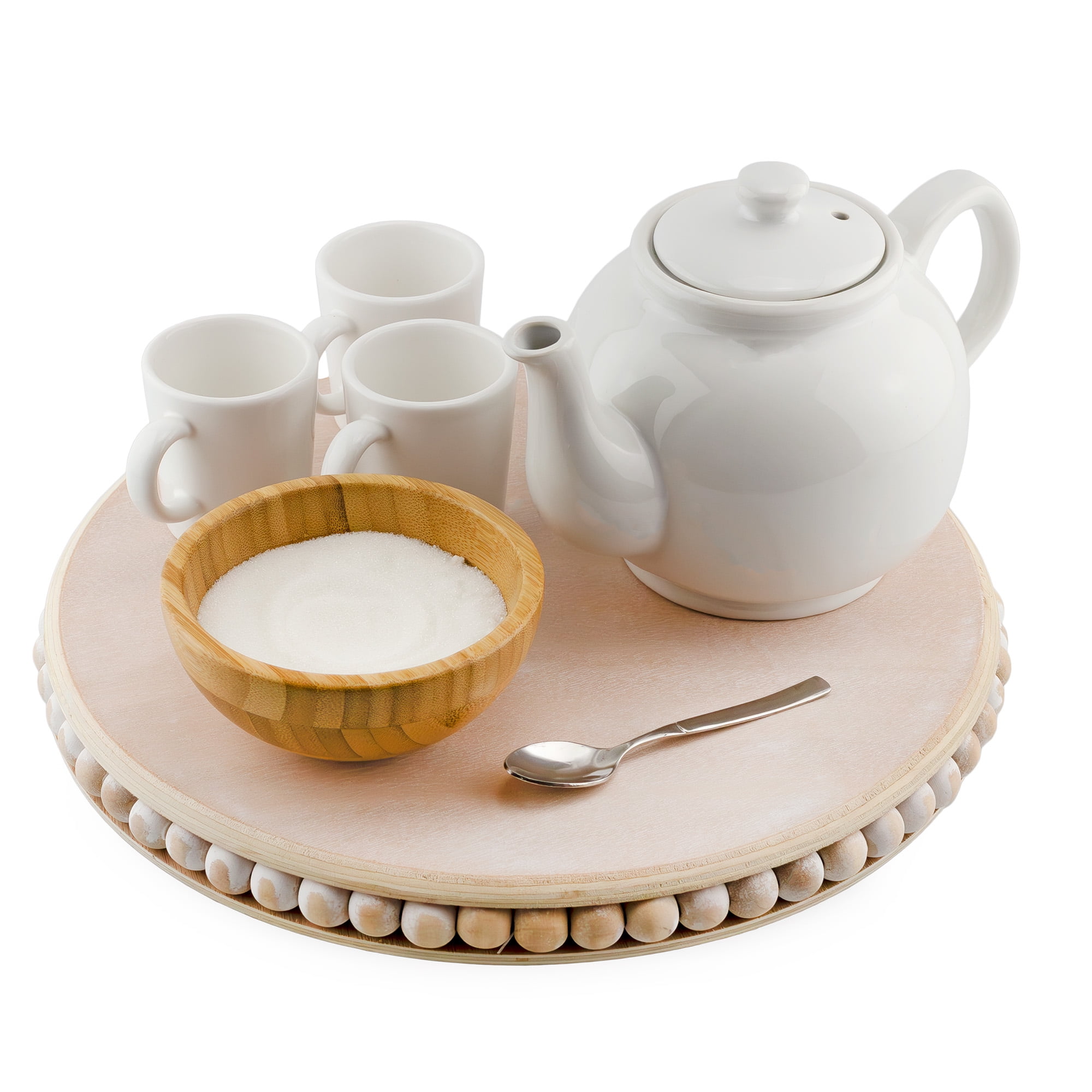 Medium Whitewashed Fir Wood Beaded Lazy Susan Turntable