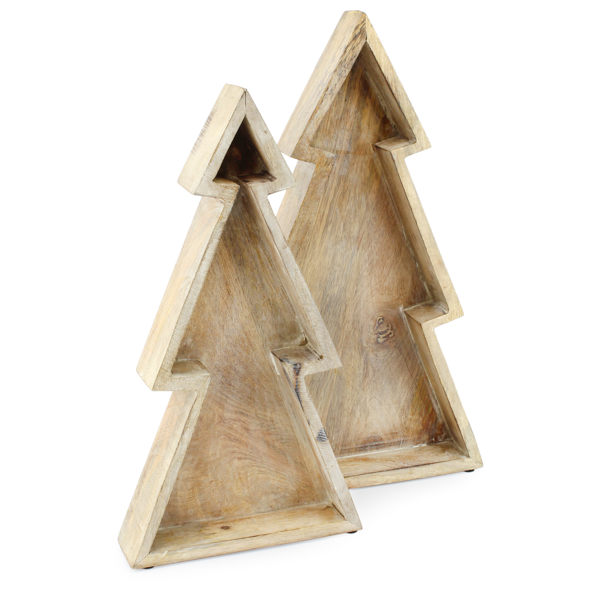 AuldHome Design Wooden Christmas Tree Trays (Nested Set of 2, Natural), Distressed Rustic Farmhouse Style Holiday Christmas Serving Decorative Platters