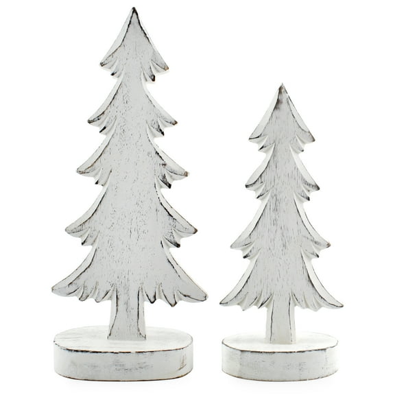 AuldHome Design Wooden Christmas Trees (Set of 2, Distressed White); Tabletop Handmade Mango Wood Trees w/ Rectangular Base for Holiday Home Decor