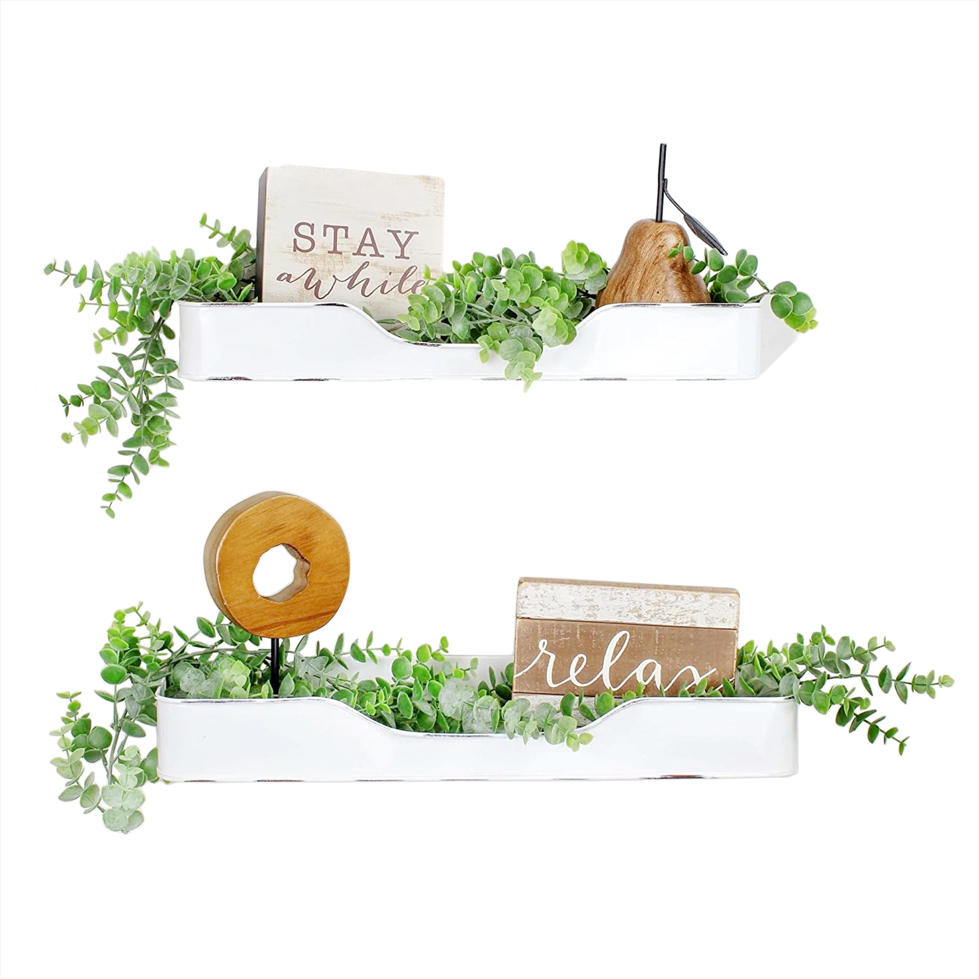AuldHome Enamel Tray Shelves (Set of 2); Farmhouse Bathroom Decor White