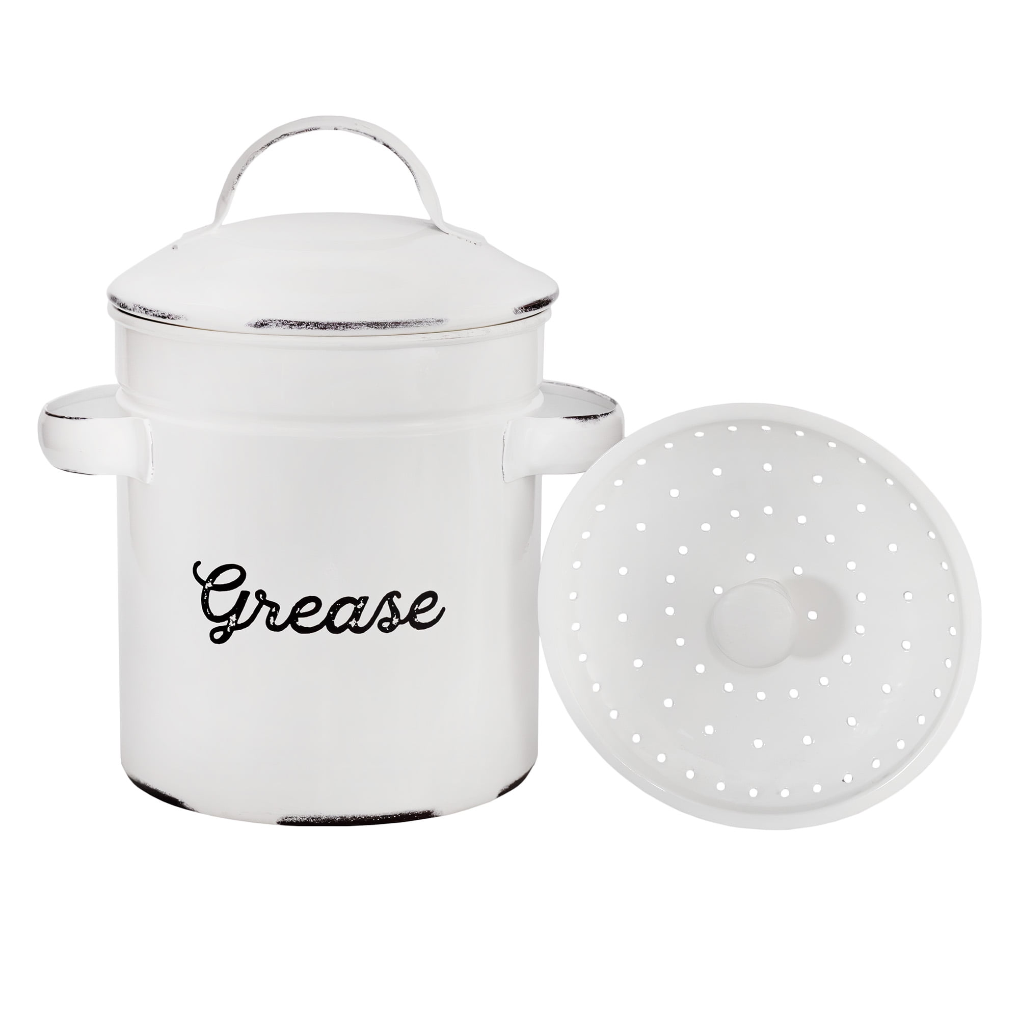 AuldHome Enamelware Grease Container with Strainer, Farmhouse Style Kitchen  StorageTin, Labeled Grease 
