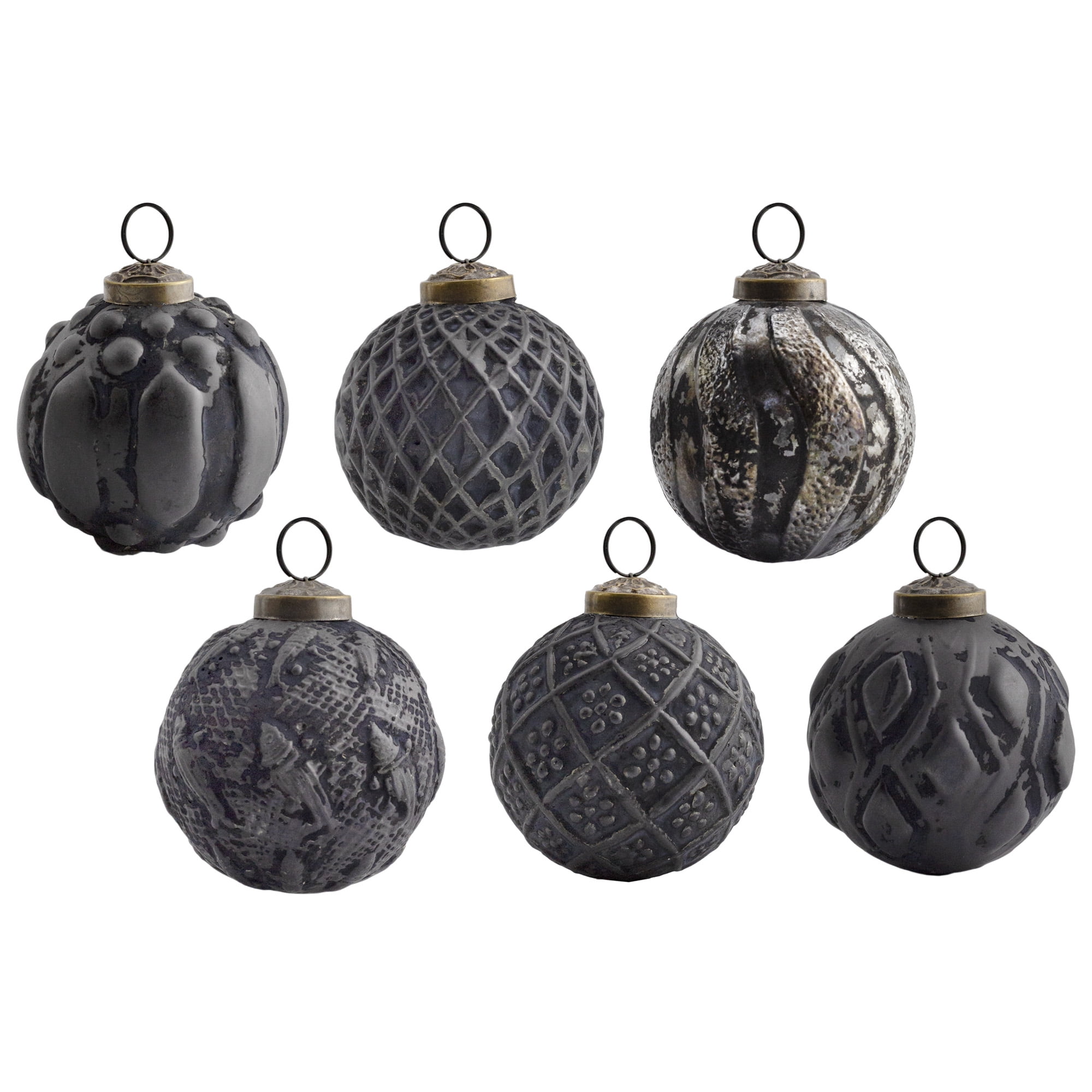 AuldHome Farmhouse Ball Ornaments (Set of 6, Charcoal Black); Distressed Metal Glass Ball Vintage Style Christmas Decorations