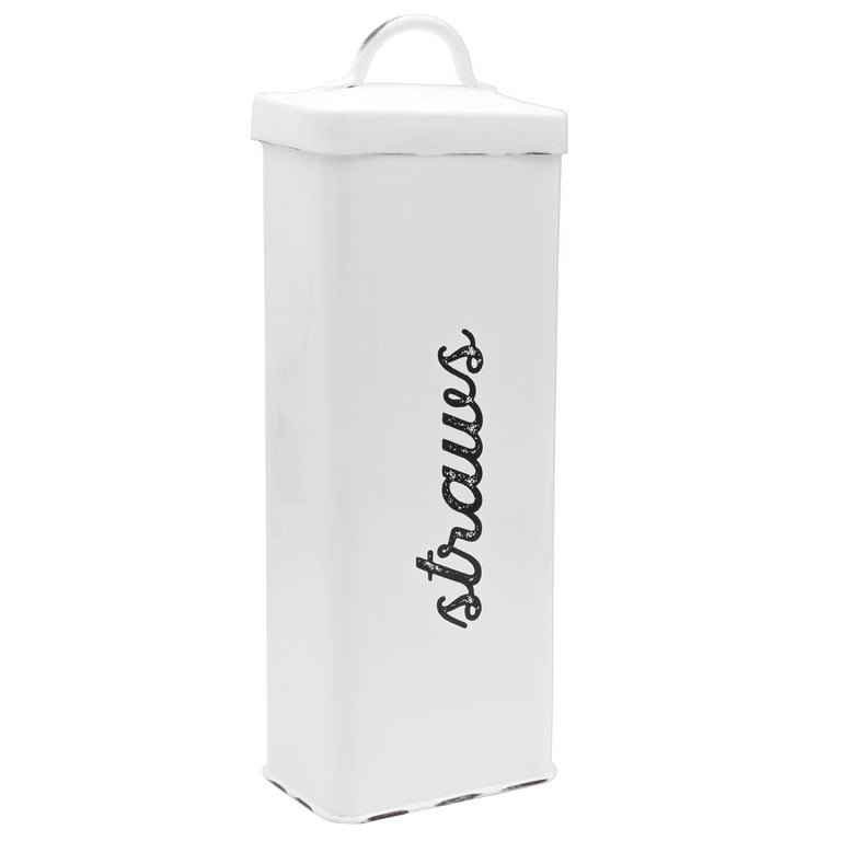 AuldHome Farmhouse Enamelware Straw Holder (White); Rustic Metal Straw  Storage Canister