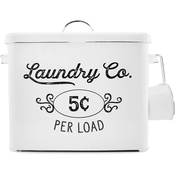 AuldHome Farmhouse Laundry Powder Container, White Enamelware Detergent