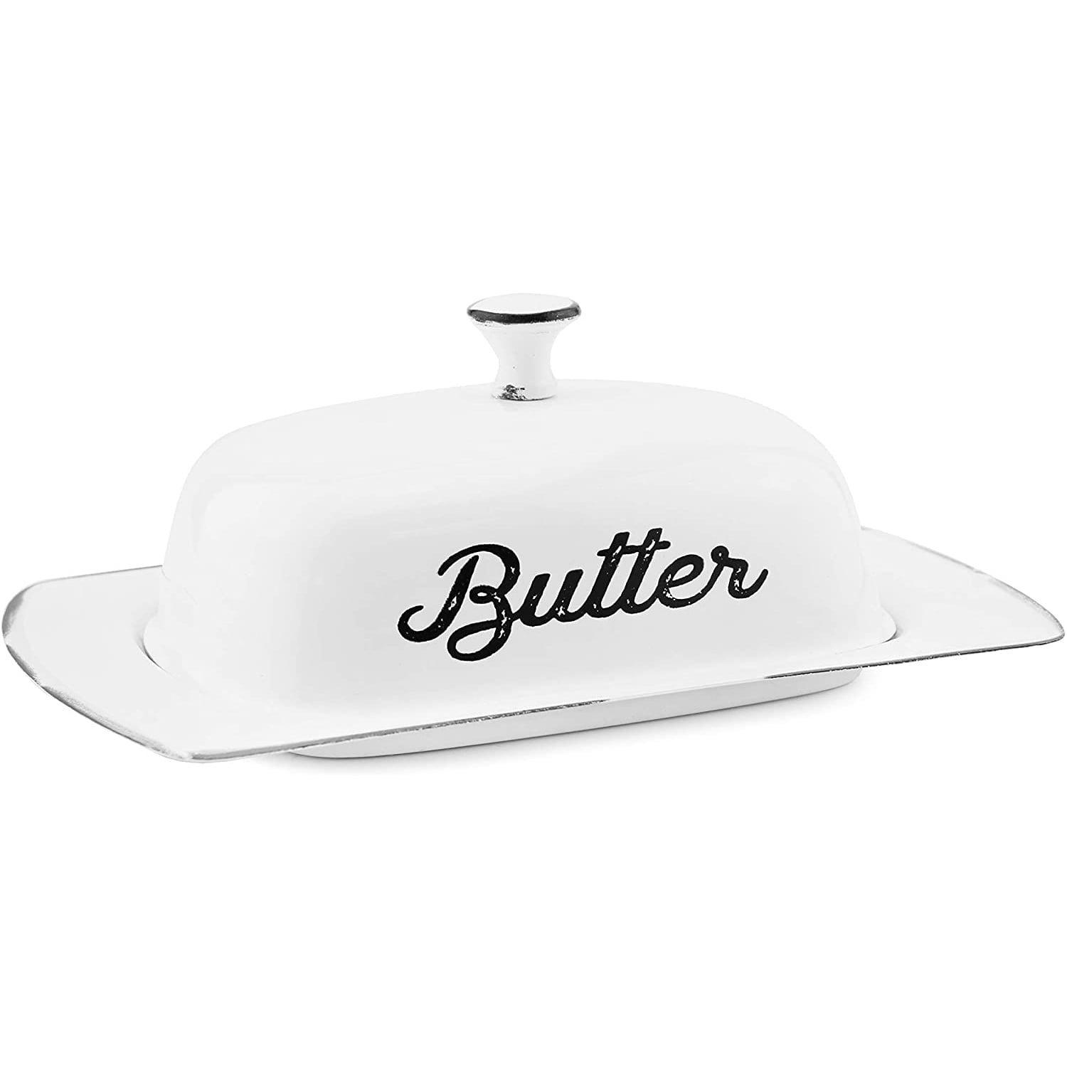 AuldHome Farmhouse White Butter Dish Vintage Style Enamelware