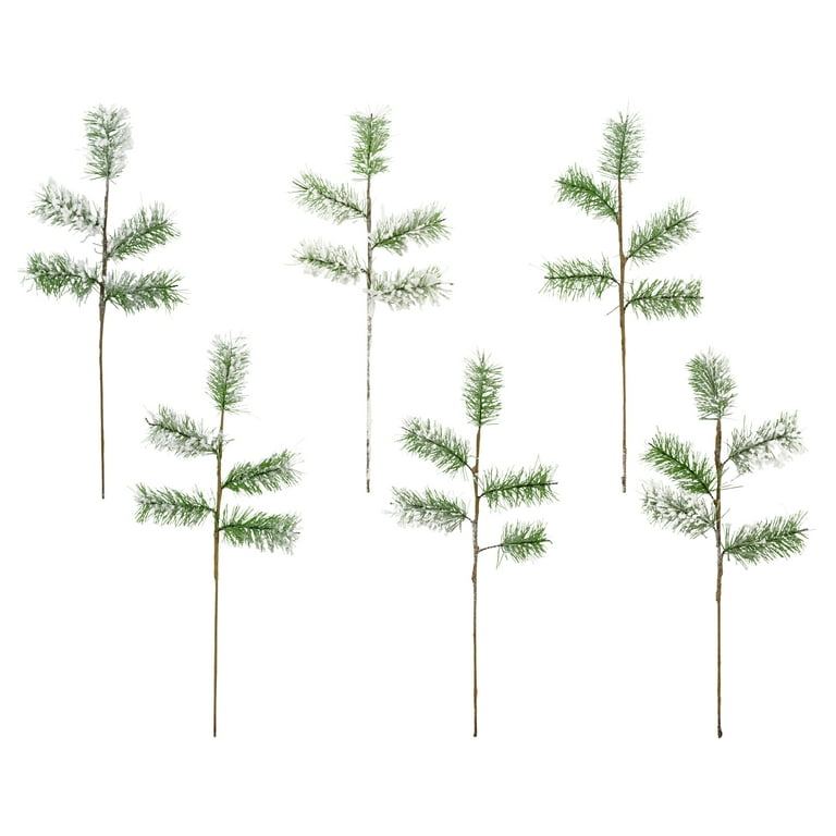 AuldHome Flocked Evergreen Greenery Picks (6-Pack); Snow Frosted Christmas Decor Floral Stems for Wreaths, Vases and Holiday Floral Arrangement