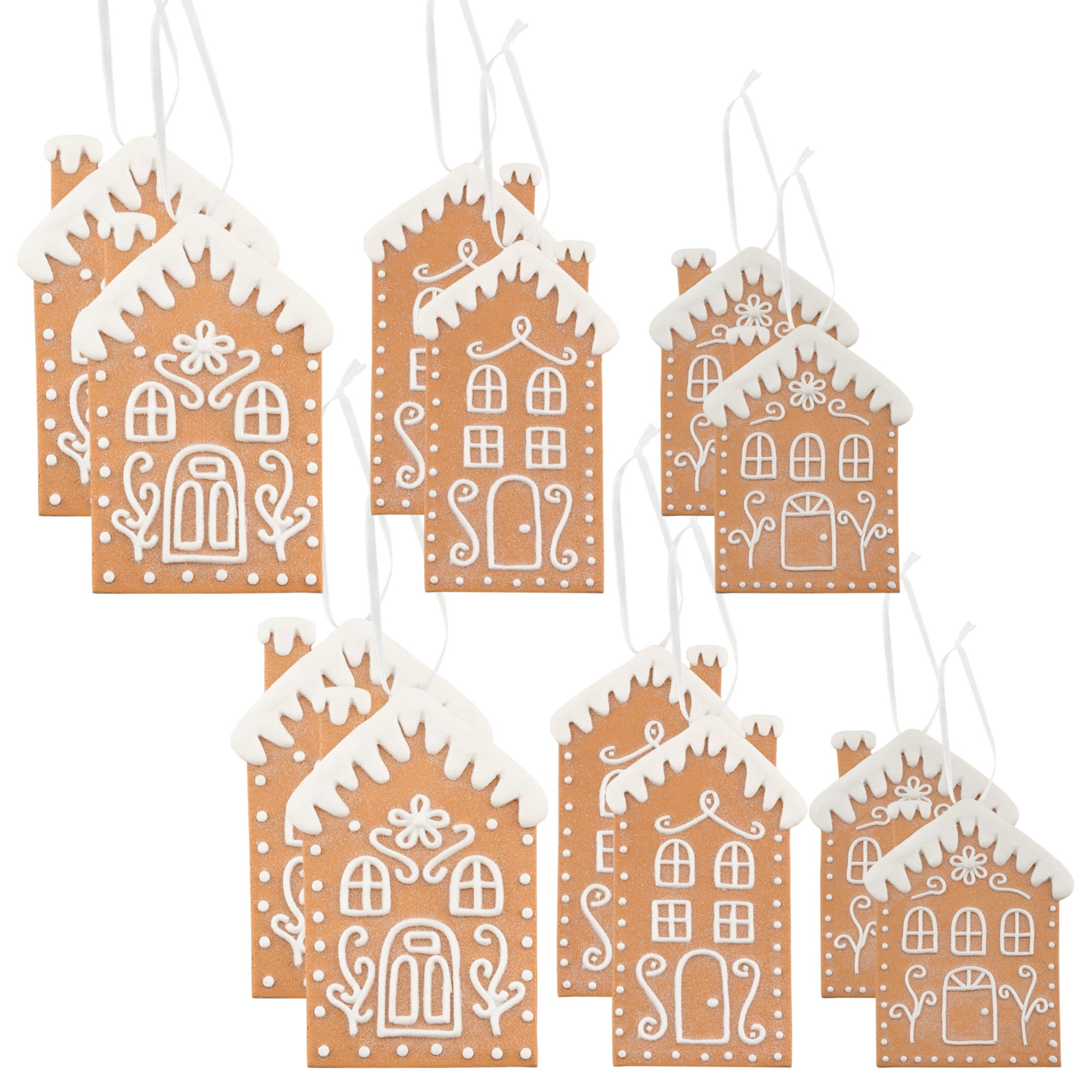 Set of 12 Light Brown and White Porcelain Gingerbread House Ornaments