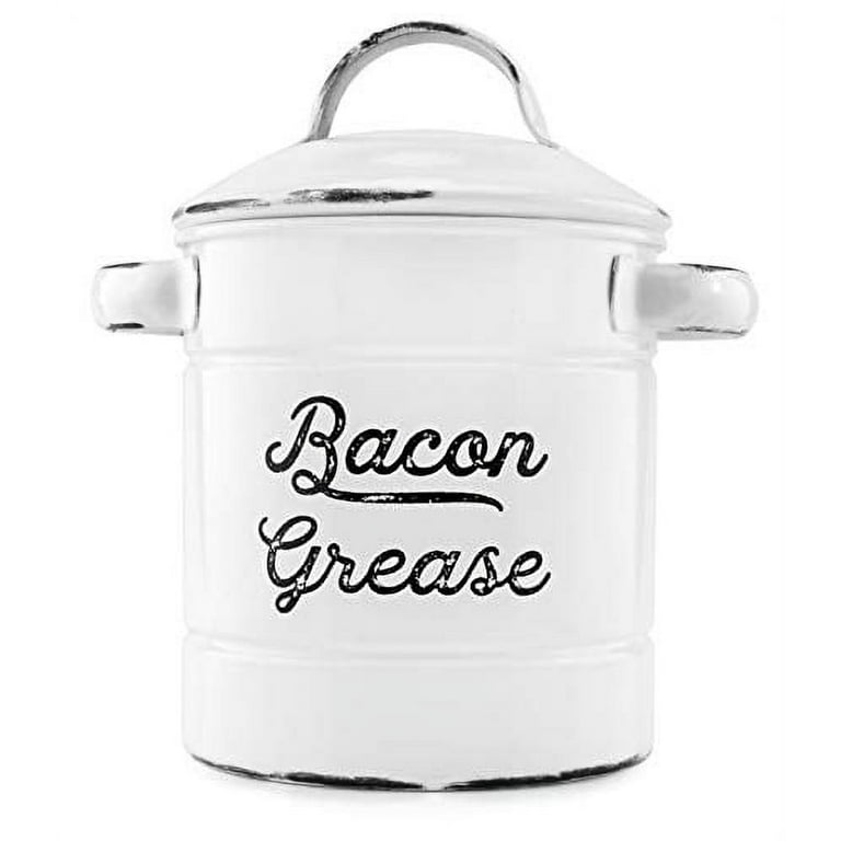 AuldHome Grease Container, White Enamelware Bacon Grease Can with