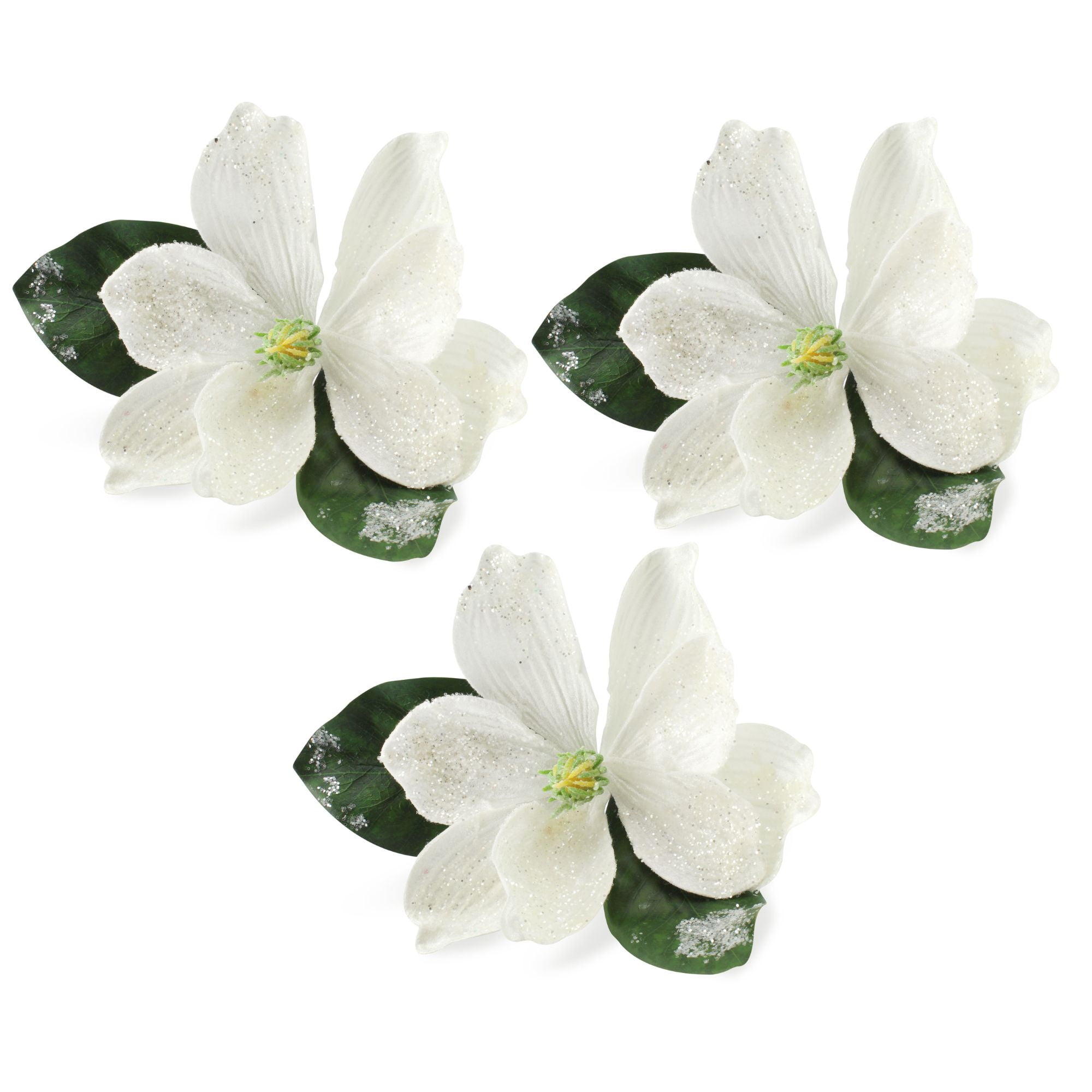 White Glitter Magnolia Floral Picks for Christmas Decor, Set of 3