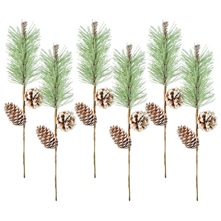 AuldHome Pine Cone Picks (6-Pack); Frosted Evergreen Christmas Decor Floral Stems for Wreaths, Vases and Holiday Arrangements