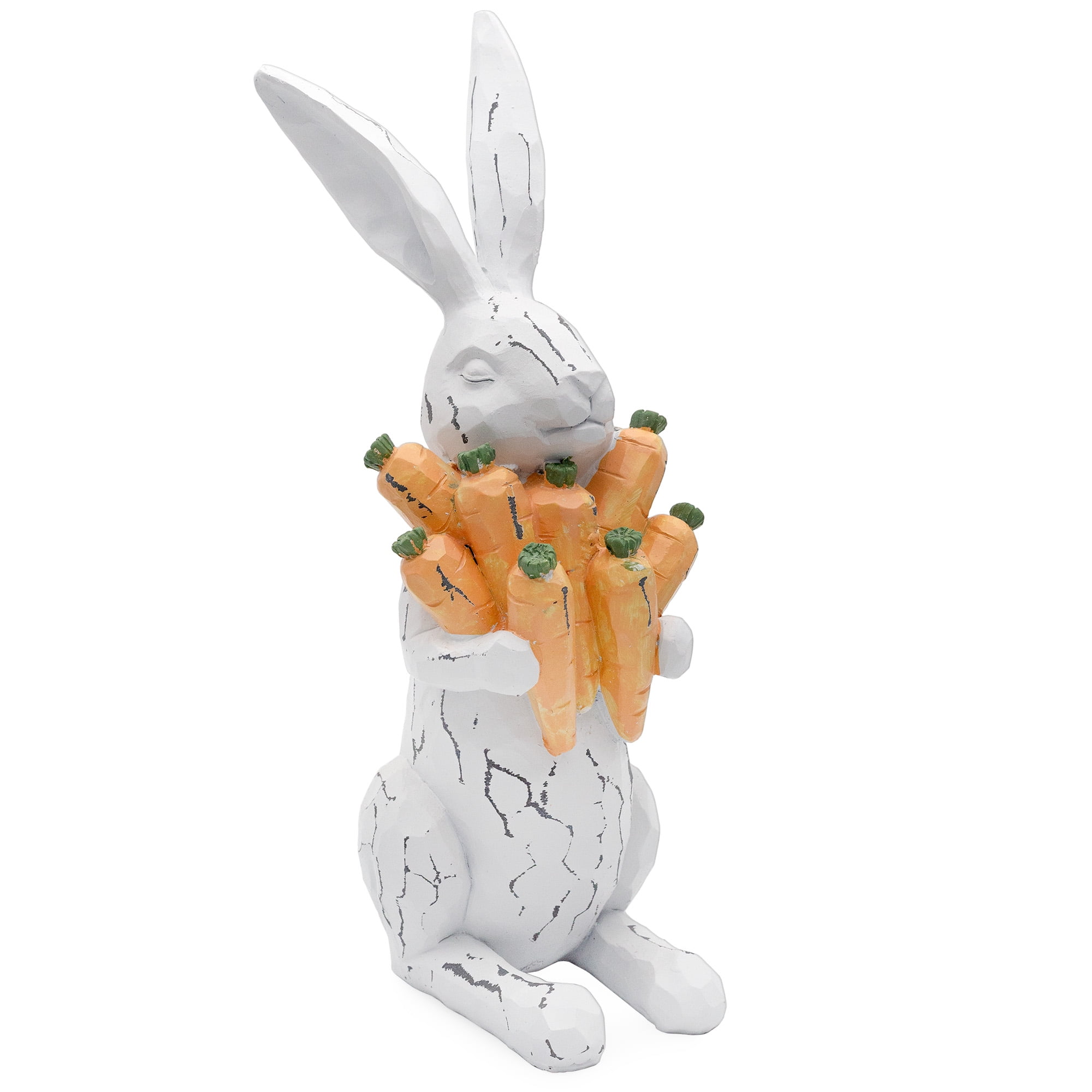 Large Distressed White Resin Rabbit Statue with Carrots