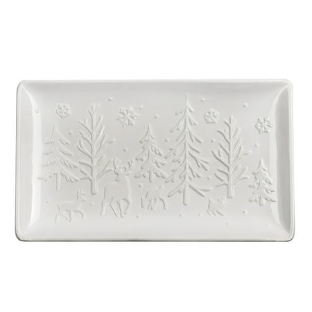 AuldHome Reindeer Christmas Tree Platter; Ceramic Embossed White Serving Tray