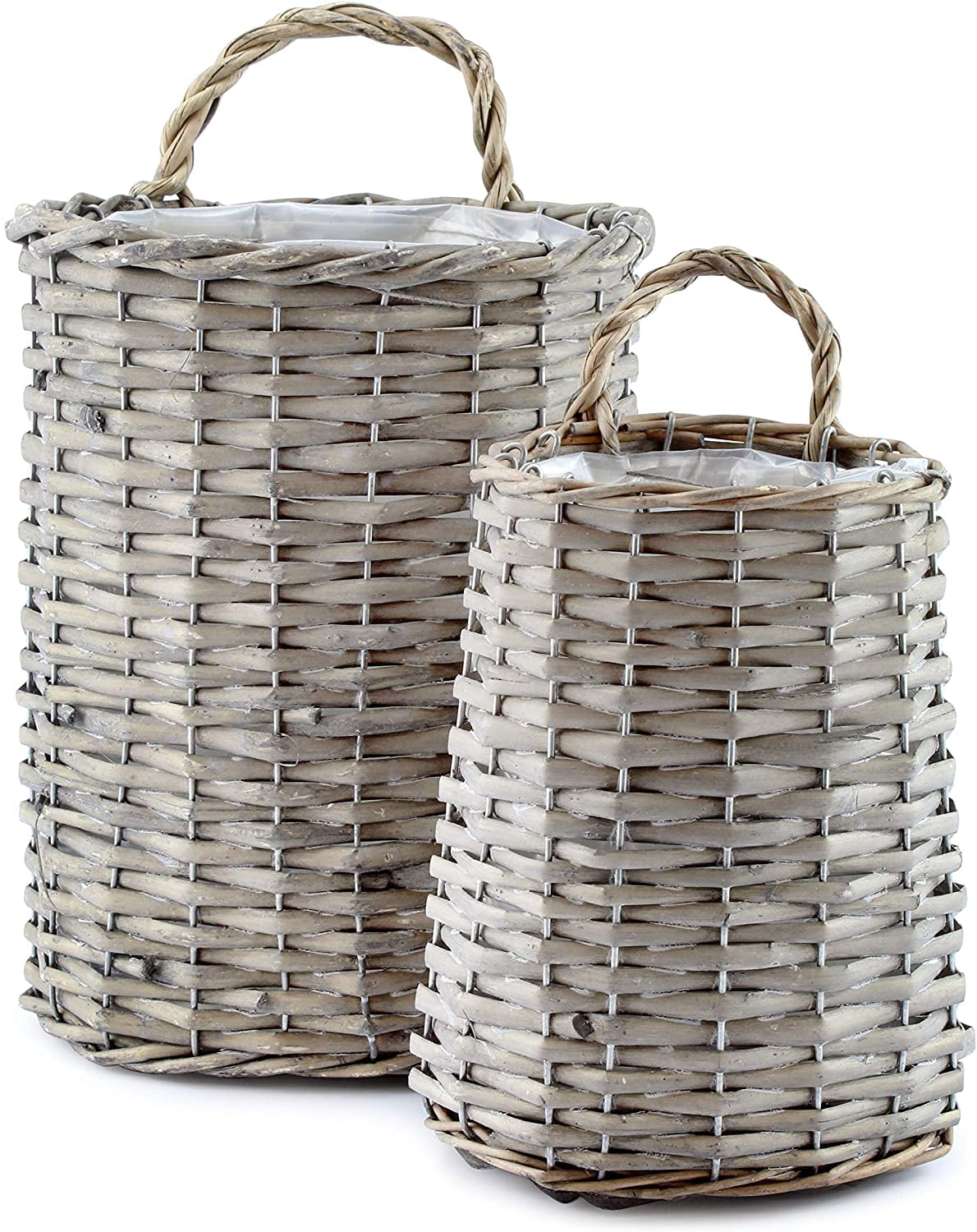 Gray Washed Wicker Oval Hanging Pocket Baskets, Set of 2