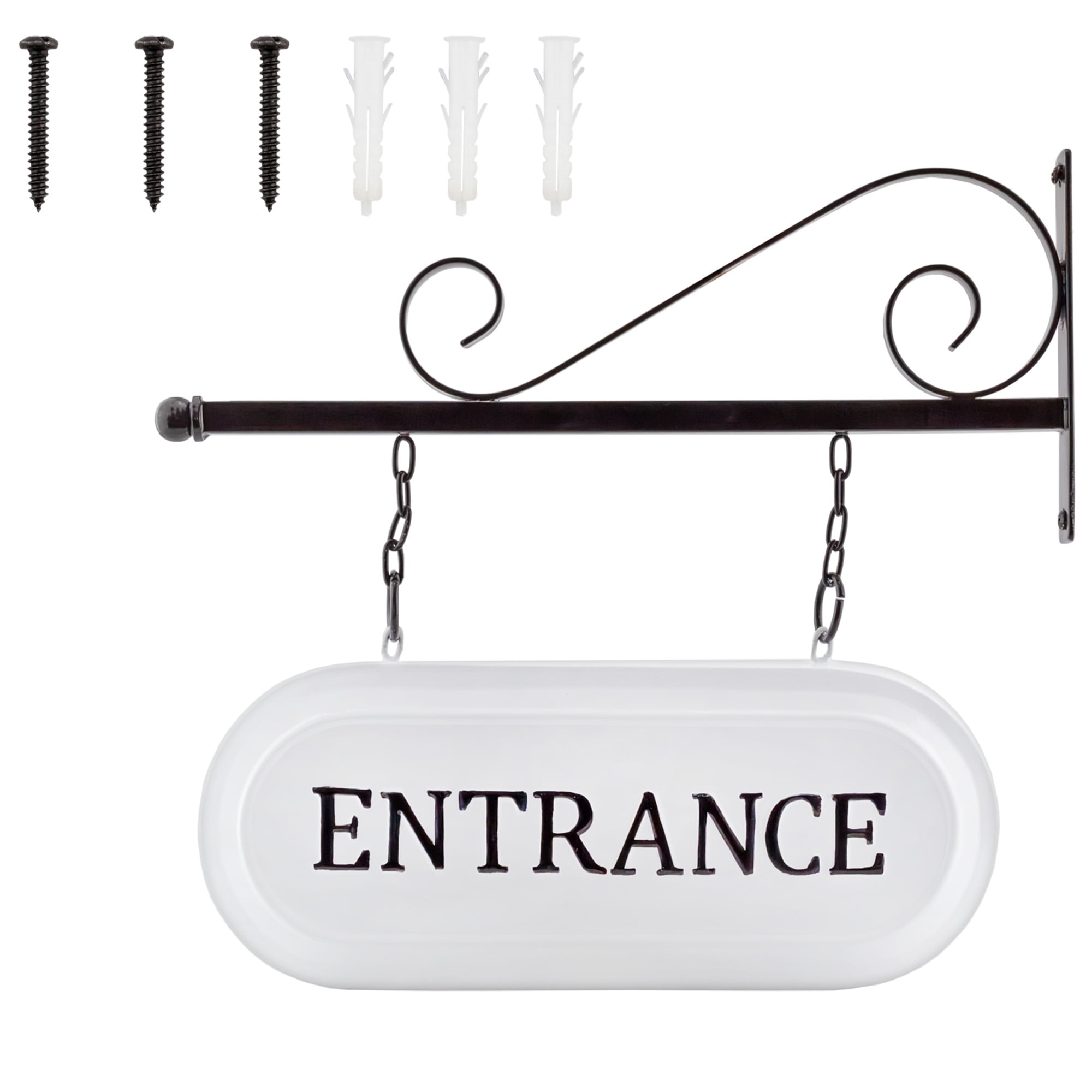 White and Black Enamelware Wall-Mounted Entrance Sign with Metal Bracket