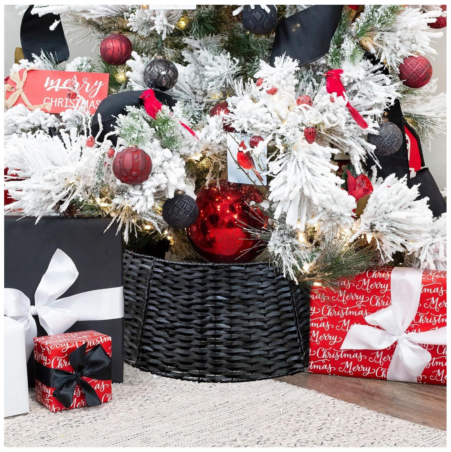 AuldHome Wicker Christmas Tree Collar (Black, 29Inch), Basket Weave