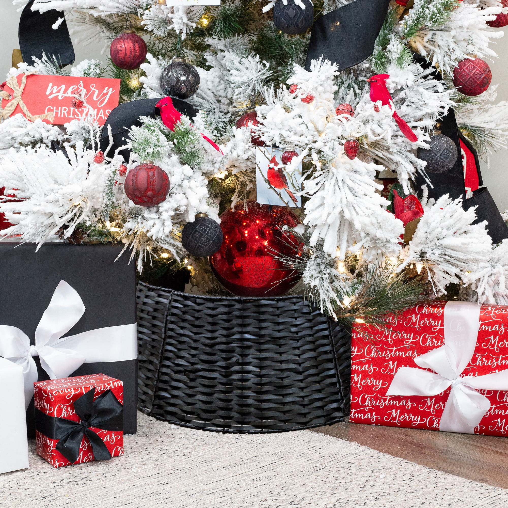 AuldHome Wicker Christmas Tree Collar (Black, 29Inch), Basket Weave