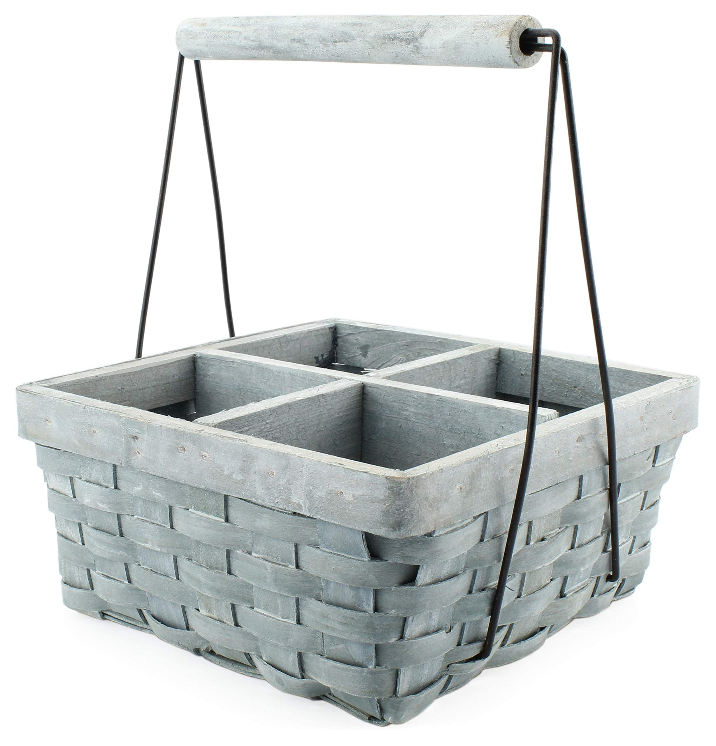Gray Washed Wood 4-Compartment Basket Caddy with Handle