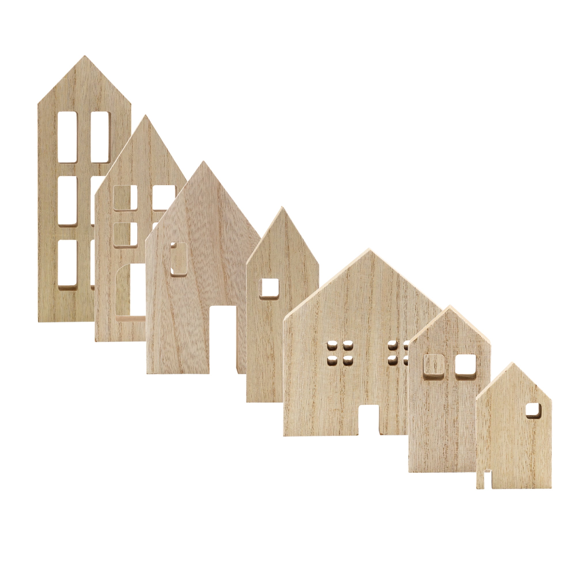 Natural Light Brown Wooden Winter House Figurine Set