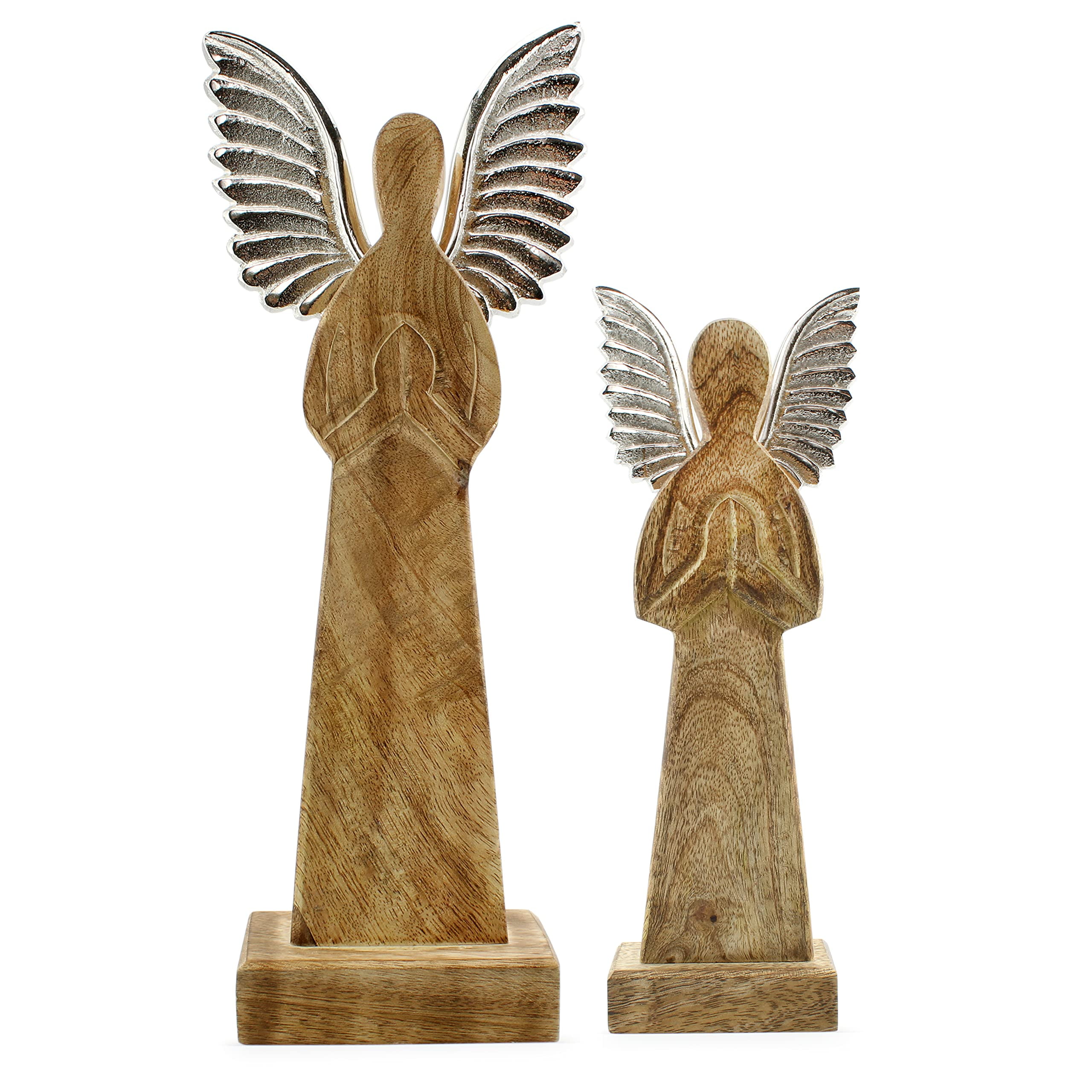 AuldHome Wooden Angel Figurines (Set of 2); Large Indoor and Outdoor Praying Christmas Decor
