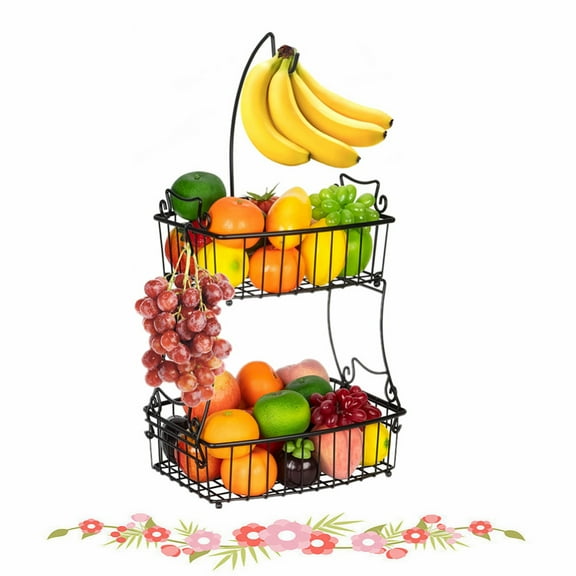 Auledio 2 Layer Disassembly Fruit Baskets with Banana Stand for Countertop for kitchen,(Black)