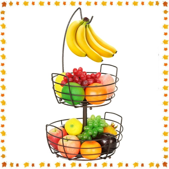 Auledio 2 Layer Fruit and Vegetable Bowl with Banana Hanger for Countertop for countertop