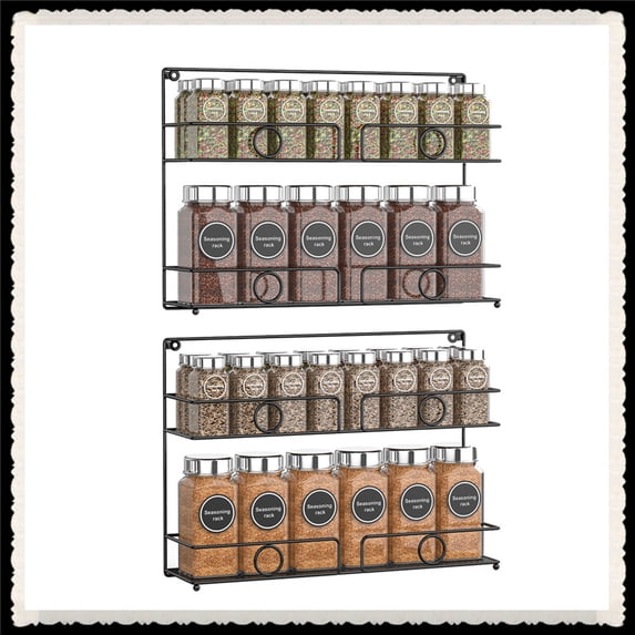 Auledio 2 Pack 2 Tier Metal Spice Rack Wall-Mount or Freestanding Seasoning Jars Shelf Hole Design for Kitchen (Black)