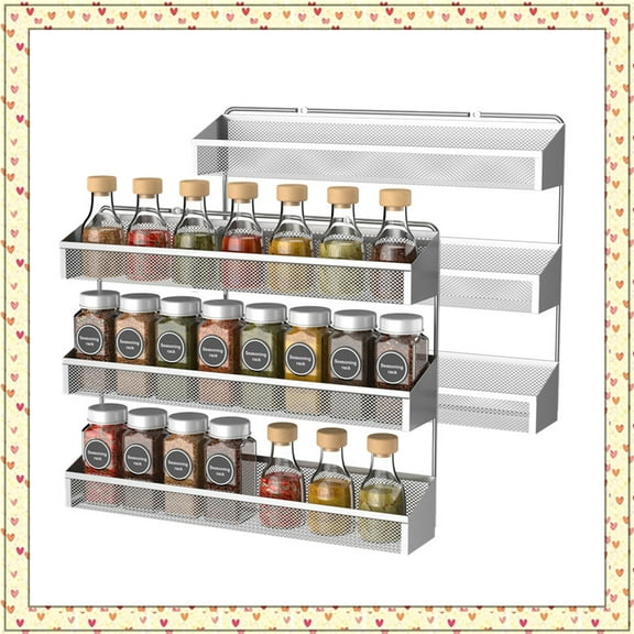 Auledio 2 Pack 3 Tier Metal Spice Rack Wall-Mount Spice Organizer for Cupboard, Pantry Door in Silver