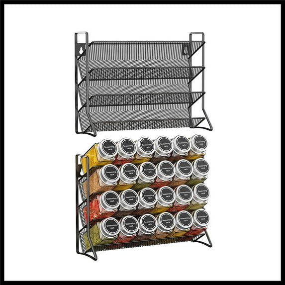 Auledio 2 Pack Metal Spice Storage Rack Free Standing & Wall Mounted Seasoning Jars Rack hold 24 Spice Jars for Kitchen (Black)
