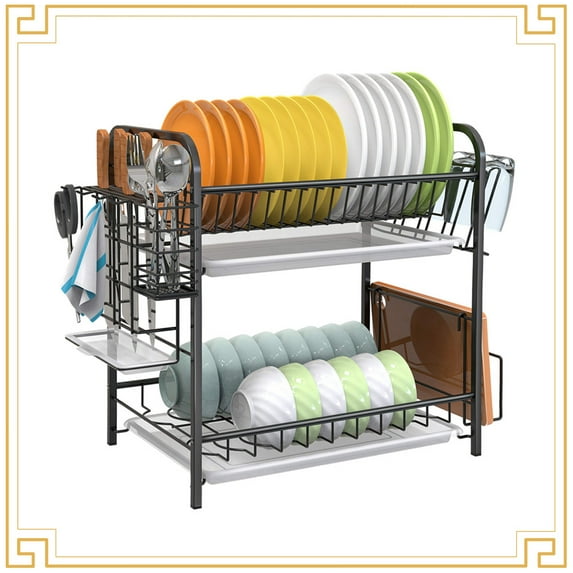 Auledio 2 Tier Dish Drying Rack with Water Tray Dish Holder for Kitchen Countertop (Black)