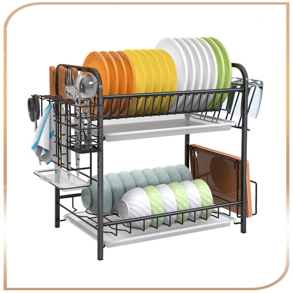 Auledio 2 Tier Drying Dish Rack with Water Tray Organizer for Kitchen Countertop in Black