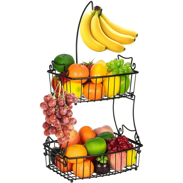 Auledio 2 Tier Fruit Basket Bowl Vegetable Basket with Banana Tree, Decorative Organizer for Kitchen Countertop, Black