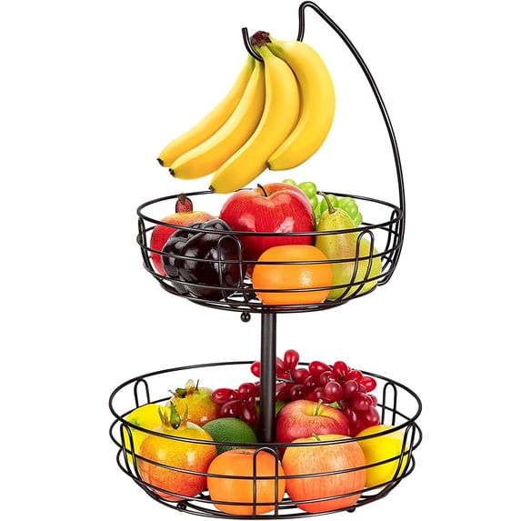Auledio 2 Tier Fruit Basket Bowl with Banana Hanger for Kitchen Countertop, Detachable Fruit Vegetable Storage Holder Display for Kitchen - Bronze