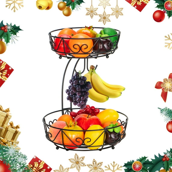 Auledio 2-Tier Metal Countertop Fruit Vegetables Basket Bowl Storage With Double Banana Hanger Home Christmas Decorationations, Black