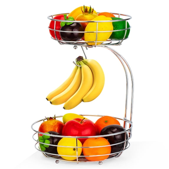 Auledio 2 Tier Metal Fruit Basket Bowl Holder with Banana Hanger, Detachable Storage Basket for Kitchen Countertop (Silver)