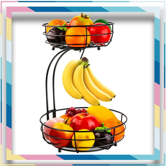 Auledio 2 Tier Metal Fruit Basket Holder with Banana Tree, Detachable Fruit Organizerfor Countertop in Black