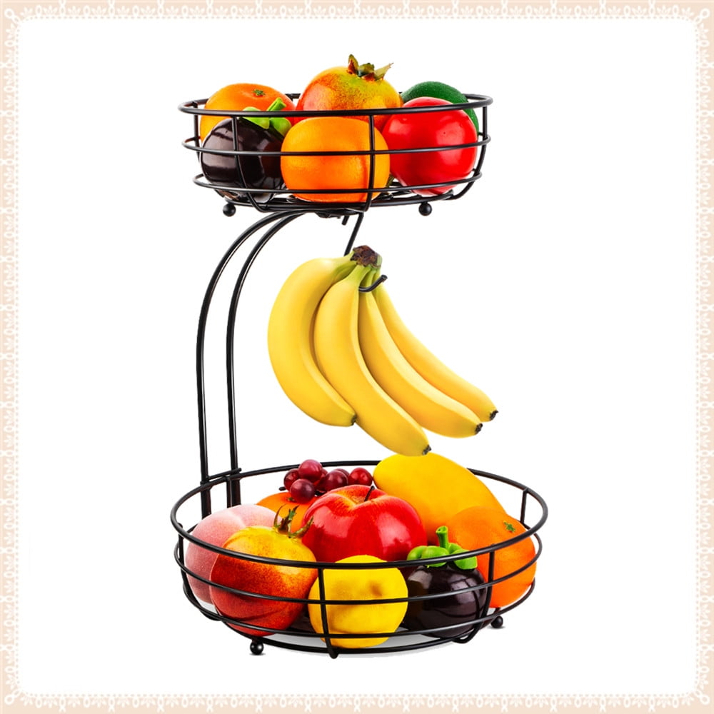 Black Metal 2-Tier Fruit Basket with Banana Hanger