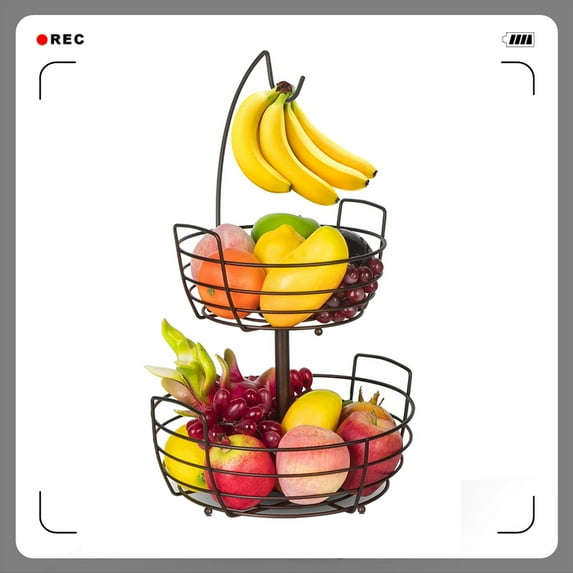 Auledio 2-Tier Metal Fruit Baskets with Banana Hanger, Detachable Fruit Organizerfor Kitchen Countertop, Bronze